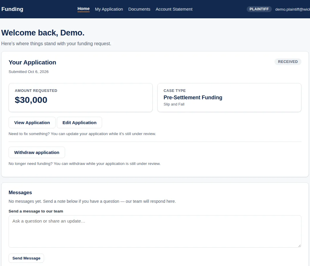 Applicant case-status view in the DisburseIQ demo: a plaintiff's own funding request, its status, and messages